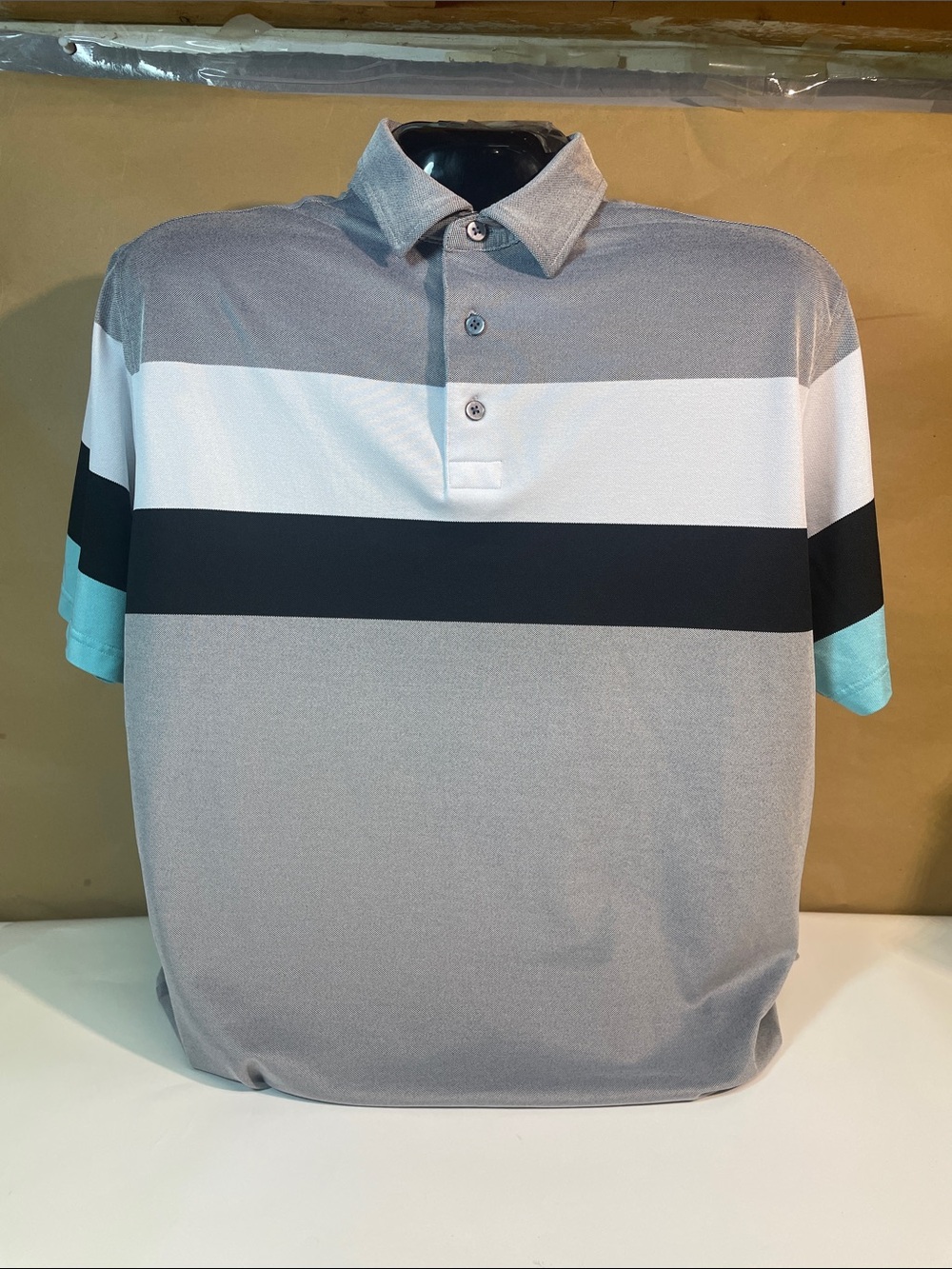 FootJoy Grey, White & Black Striped Polo with Aqua Accents